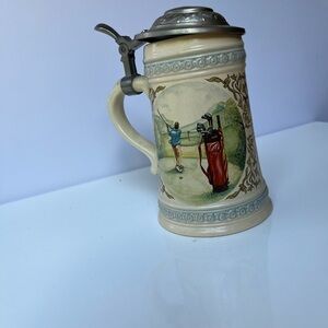 Vintage Ceramic German Beer Stein with Golf Scene and Pewter lid